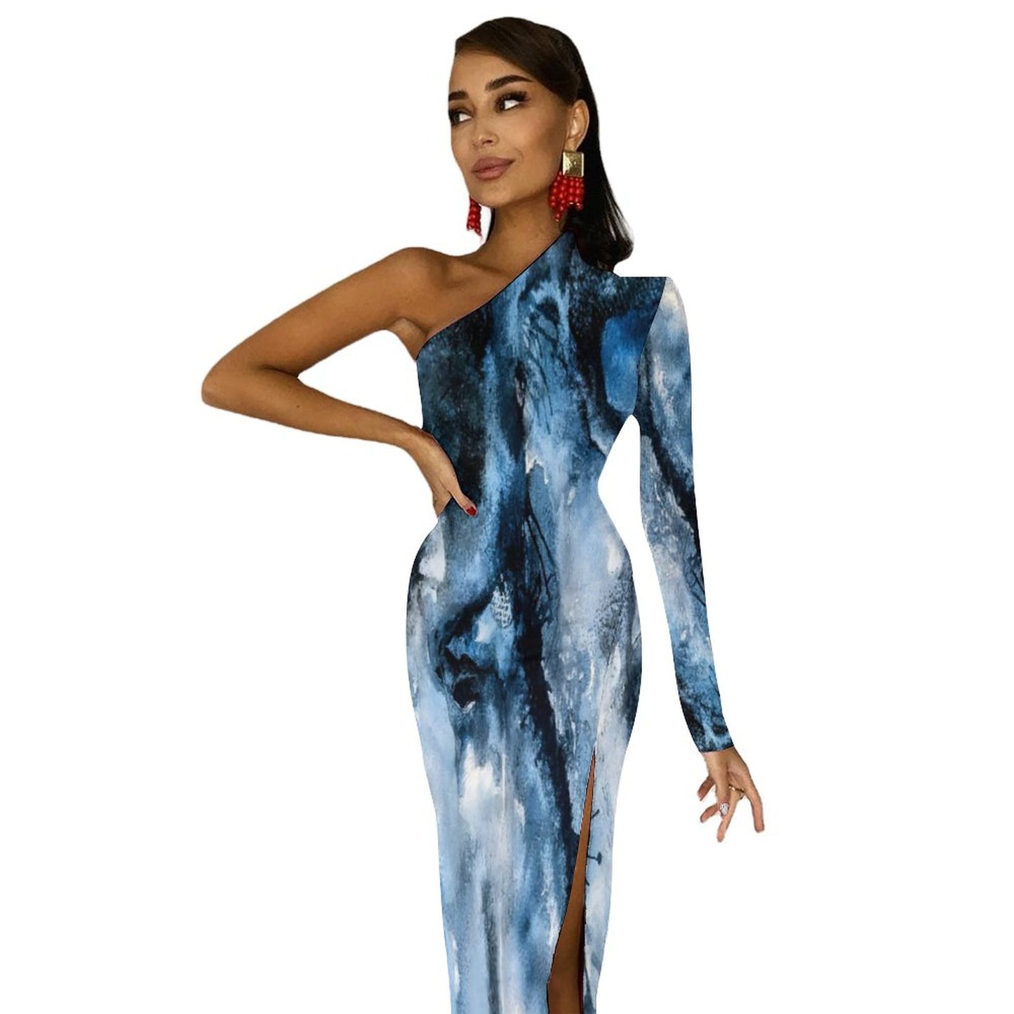 C3 Cave One Shoulder Split Dress watercolour storm print