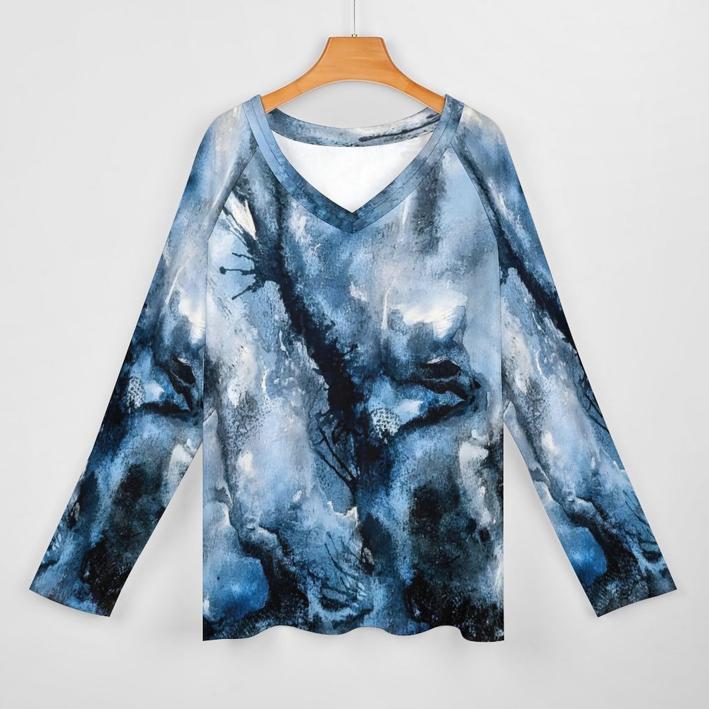 V-neck Loose Long Sleeve T-shirt-Watercolour