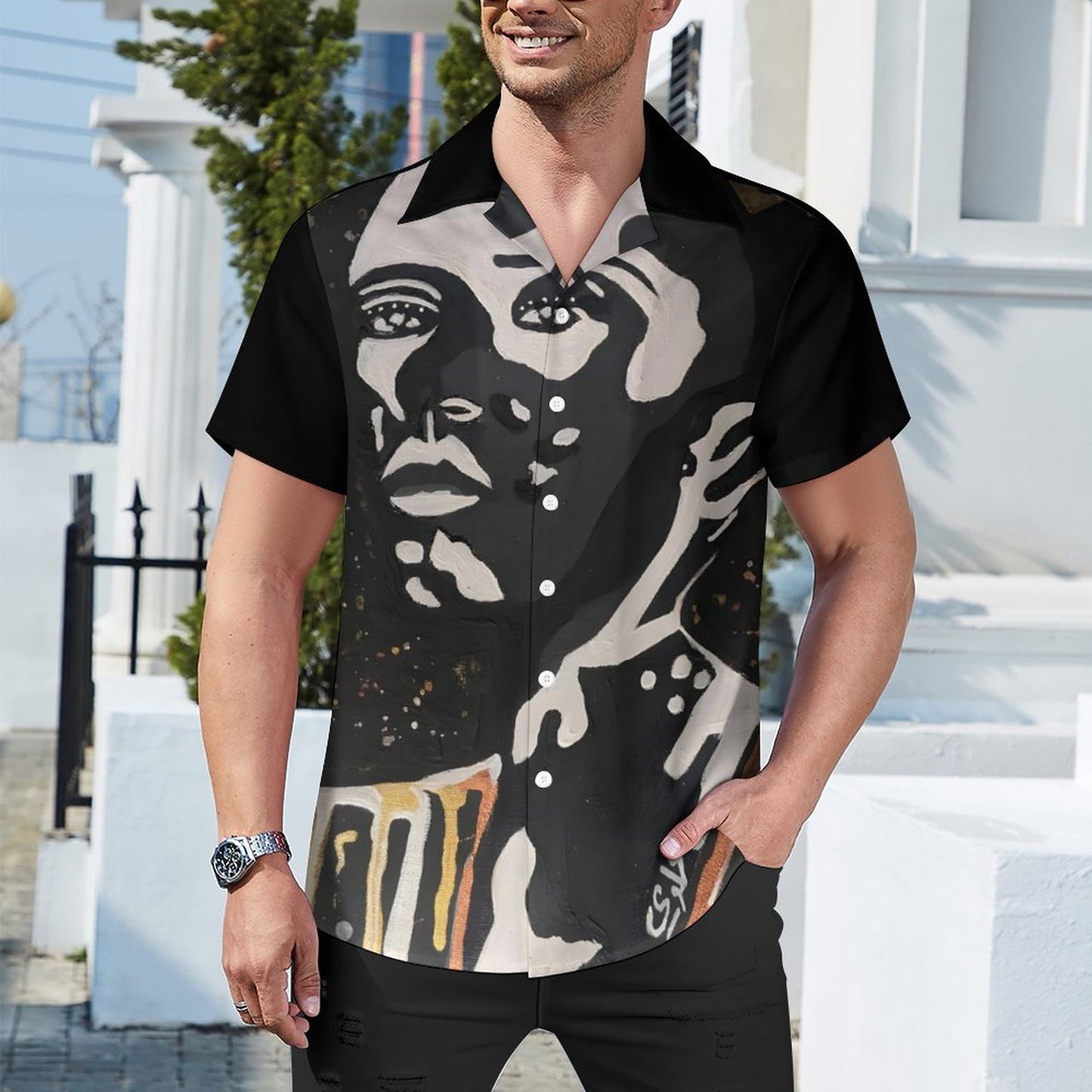 Men's Short Sleeve Hawaiian Print Shirt with Cuban Collar- Vitiligo is beautiful #01