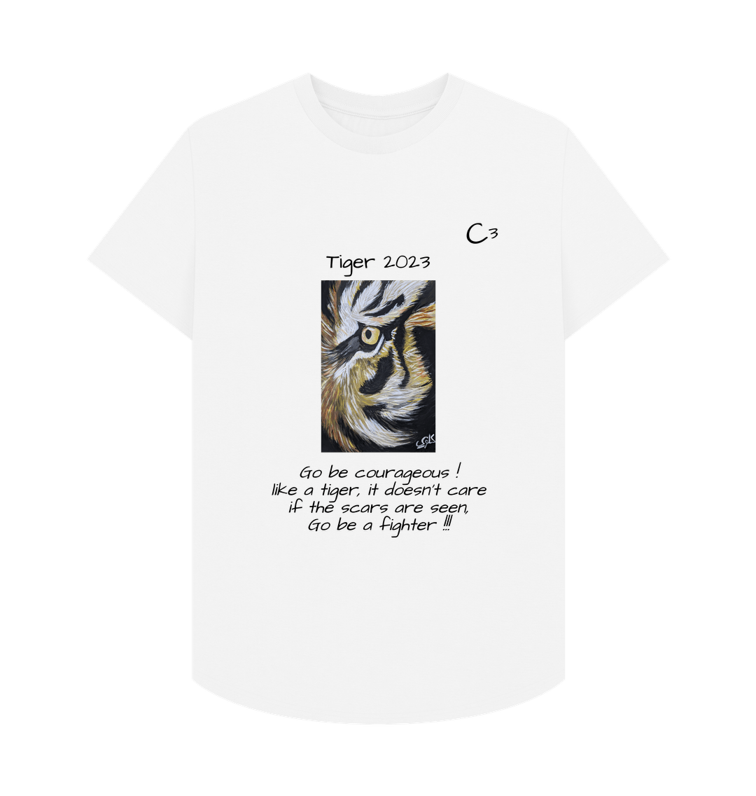 White Chloe's Tiger Print and lyrics for her poem \"Fighter\" long line tee shirt Men