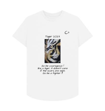 White Chloe's Tiger Print and lyrics for her poem \"Fighter\" long line tee shirt Men