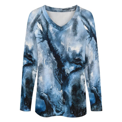 V-neck Loose Long Sleeve T-shirt-Watercolour