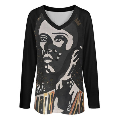 C3 Cave V-neck Loose Long Sleeve Top -Vitiligo is beautiful print