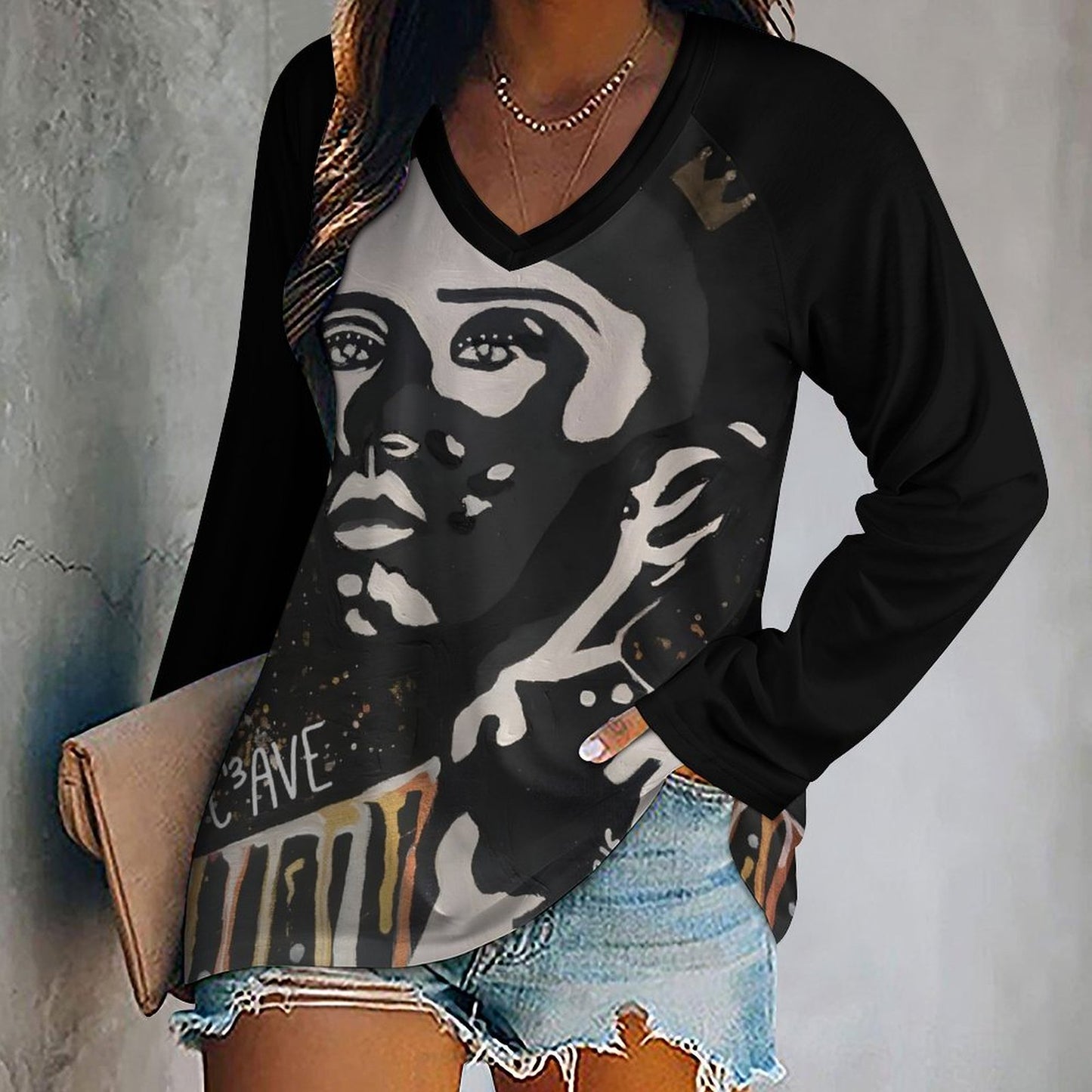 C3 Cave V-neck Loose Long Sleeve Top -Vitiligo is beautiful print