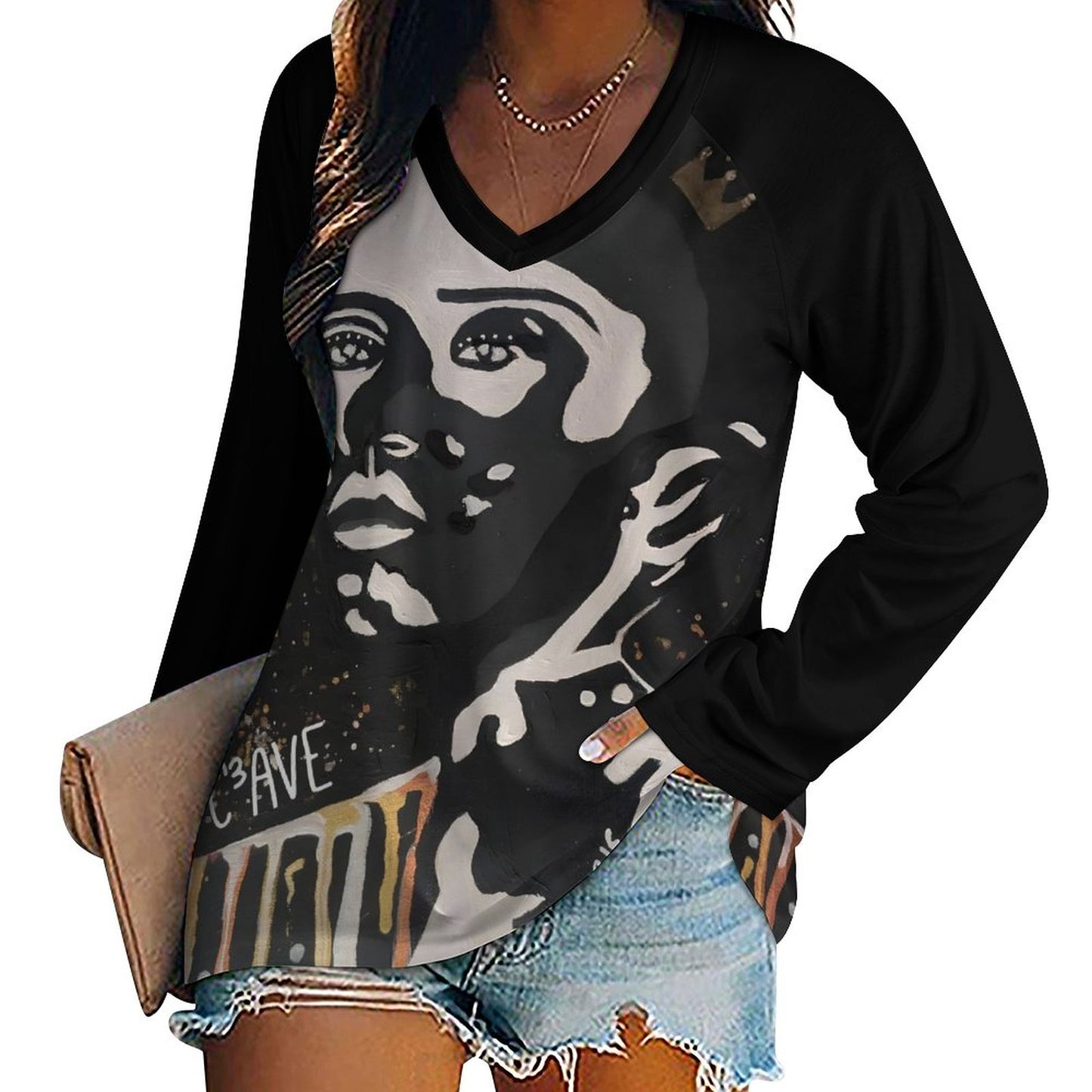 C3 Cave V-neck Loose Long Sleeve Top -Vitiligo is beautiful print