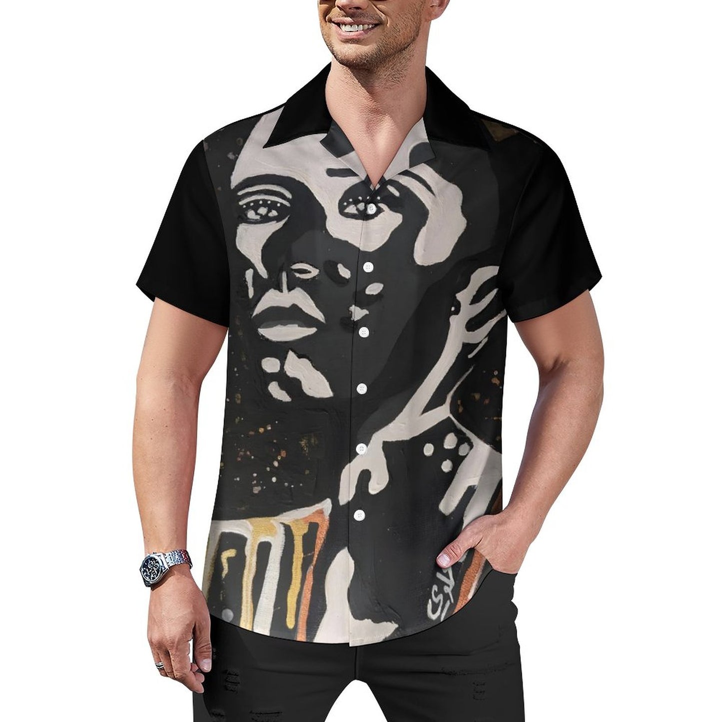 Men's Short Sleeve Hawaiian Print Shirt with Cuban Collar- Vitiligo is beautiful #01