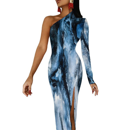 C3 Cave One Shoulder Split Dress watercolour storm print