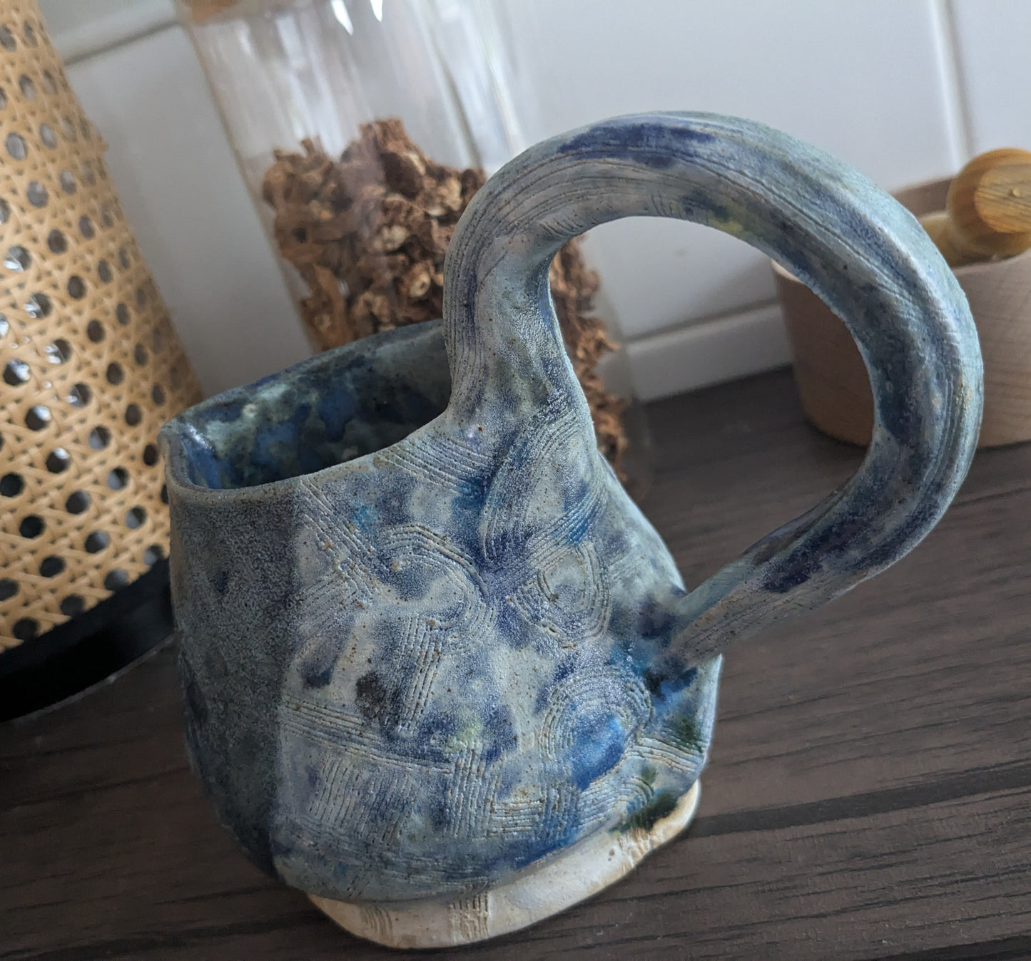 Blue rustic textured milk jug