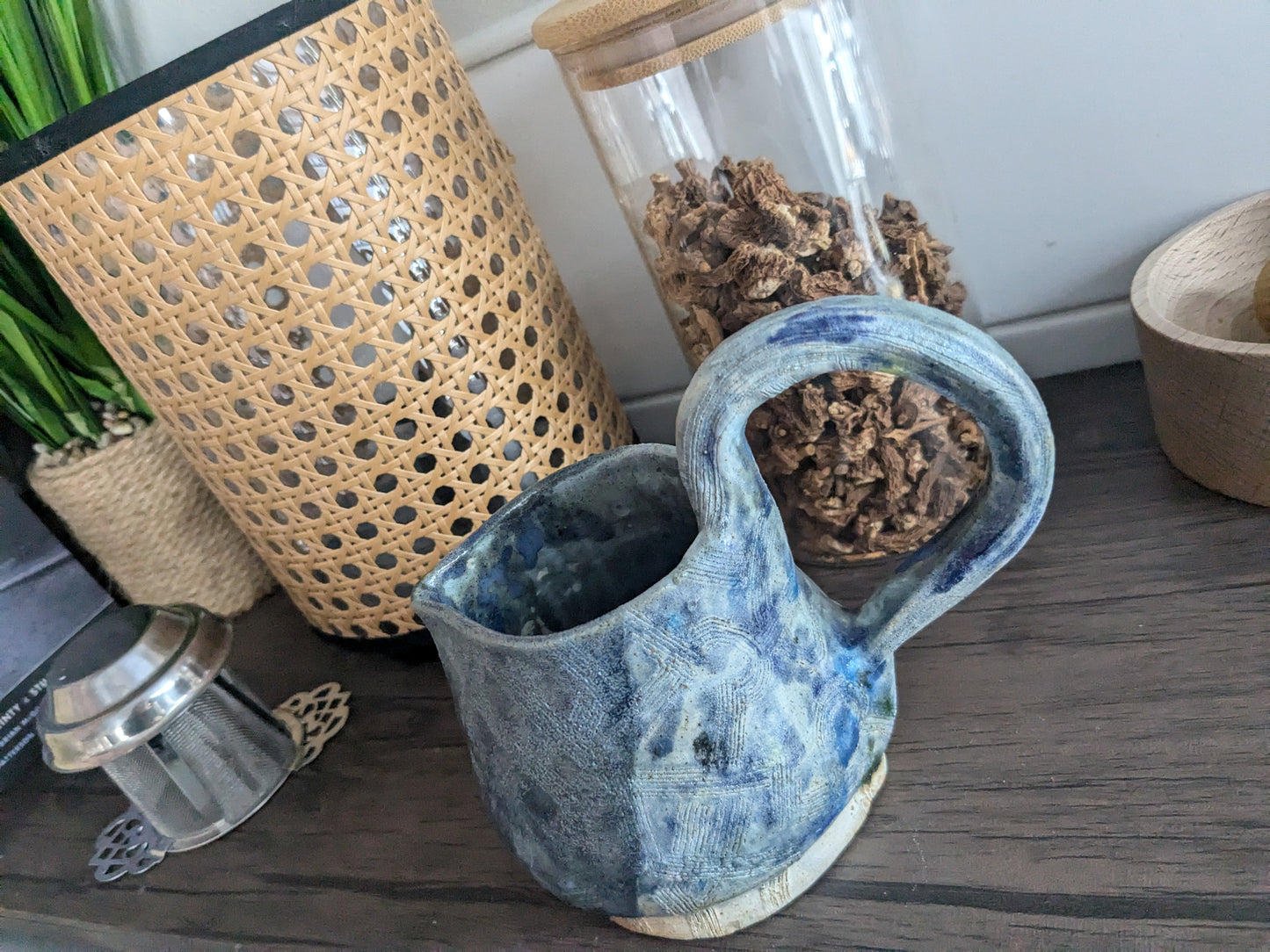 Blue rustic textured milk jug