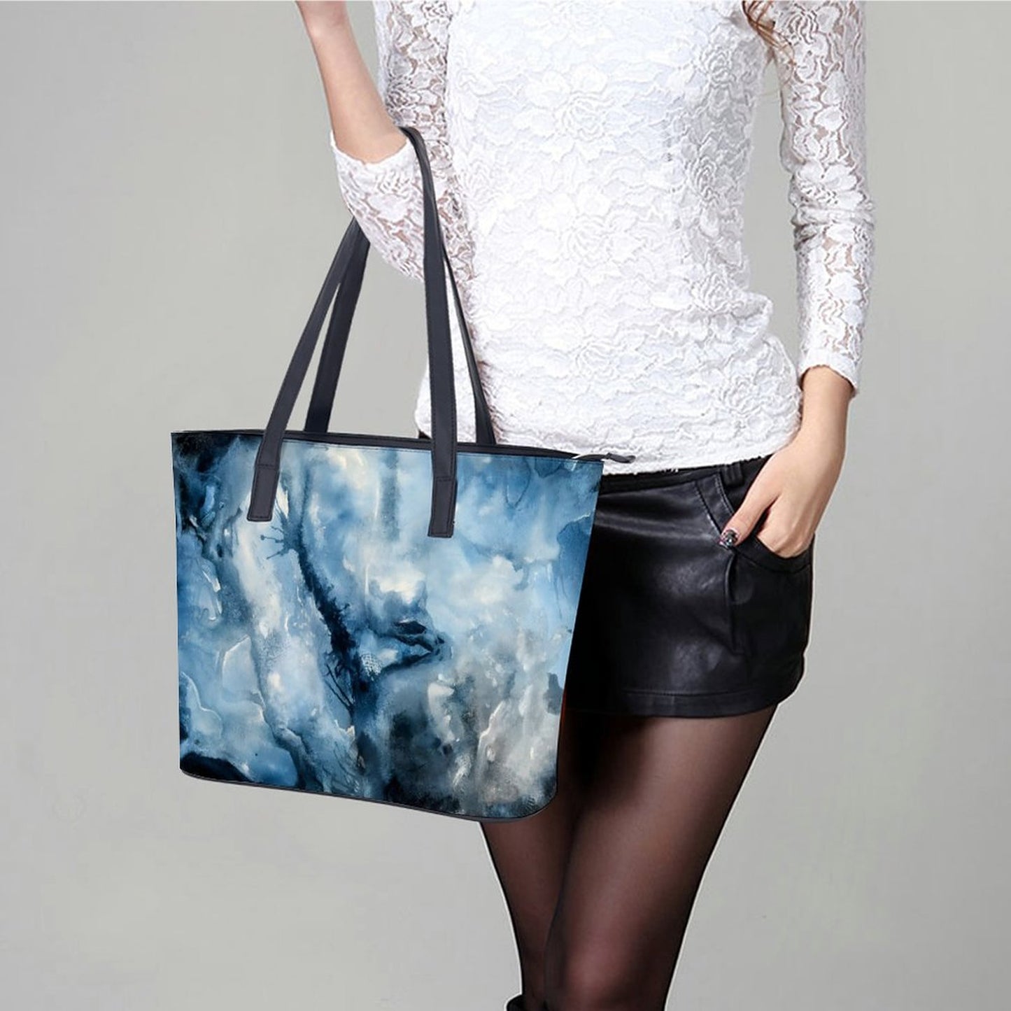 C3 Cave women's leather Tote Bag - Watercolour storm print