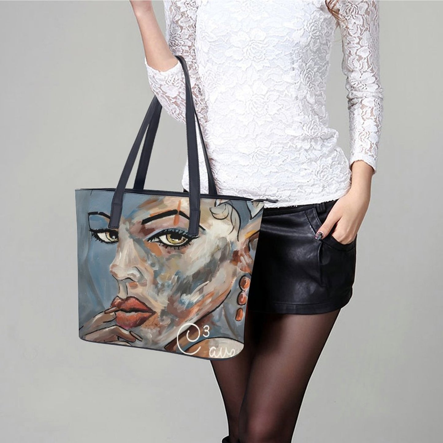 C3 Cave Women's leather Tote Bag poser print