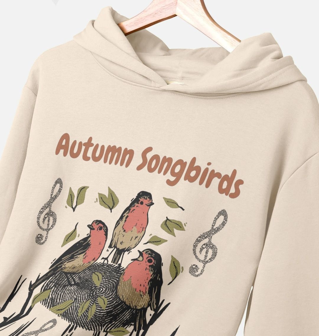 Robins in autumn relaxed beige hoodie -Organic Cotton