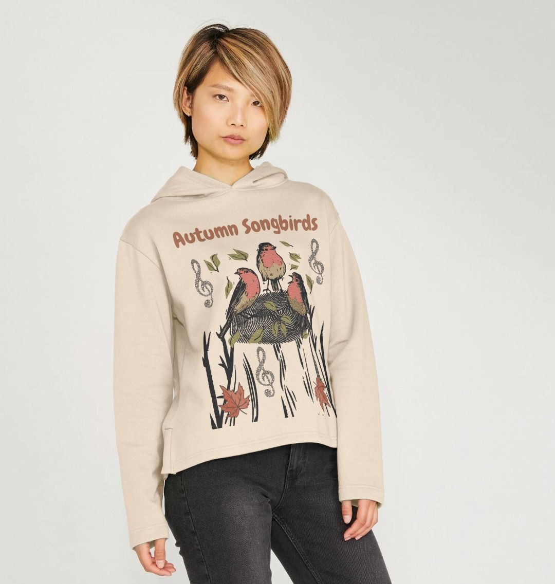 Robins in autumn relaxed beige hoodie -Organic Cotton