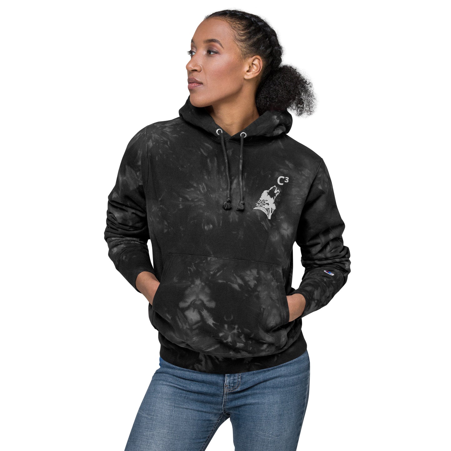 Unisex Champion tie-dye hoodie (C3 - Cubed embroidery and wolf embroidery)