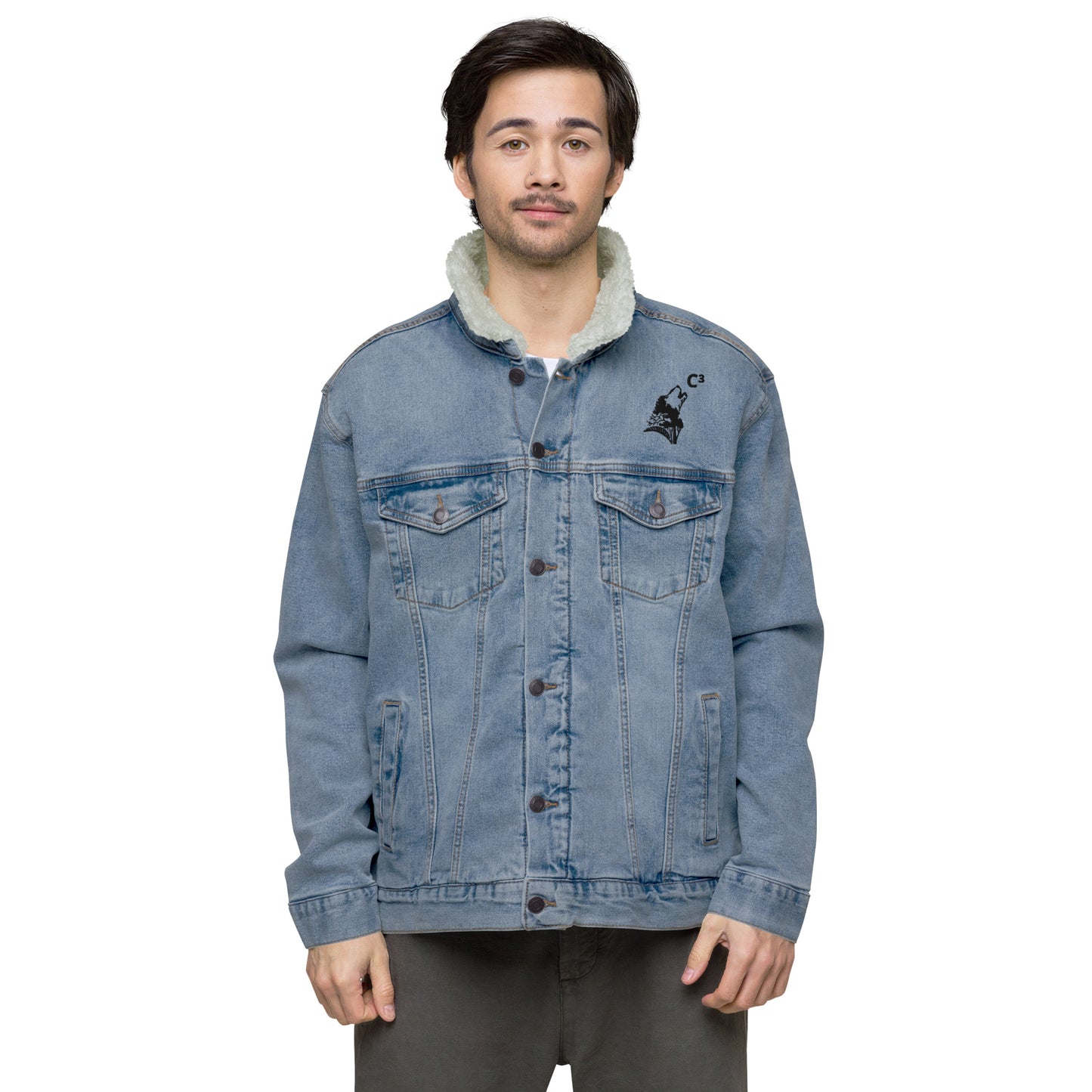 Unisex denim thick winter sherpa jacket (C³ and wolf embroidery )