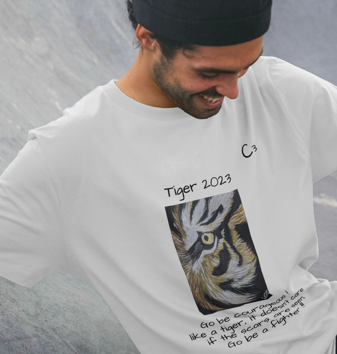 C3 Cave - Chloe's Tiger Print and lyrics from her song "Courage" long line tee shirt Men